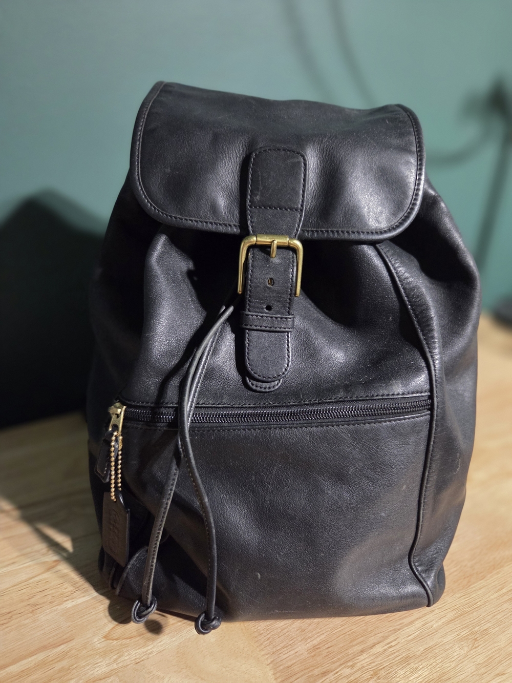 Vintage Coach Black Leather Drawstring Backpack XL - Brass Buckle (Style 0529)